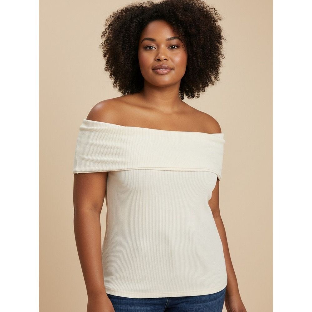 NWT Topshop Cream Ribbed Off-Shoulder Bardot Stretch Knit Minimalist Top Large